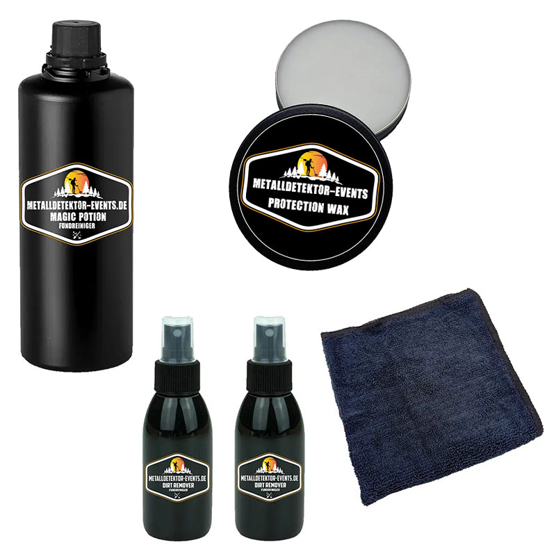 Metalldetektor Events Restaurations Komplettset für Bodenfunde mit 500ml Magic Potion, Dirt Remover Fundreiniger und Protection Wax